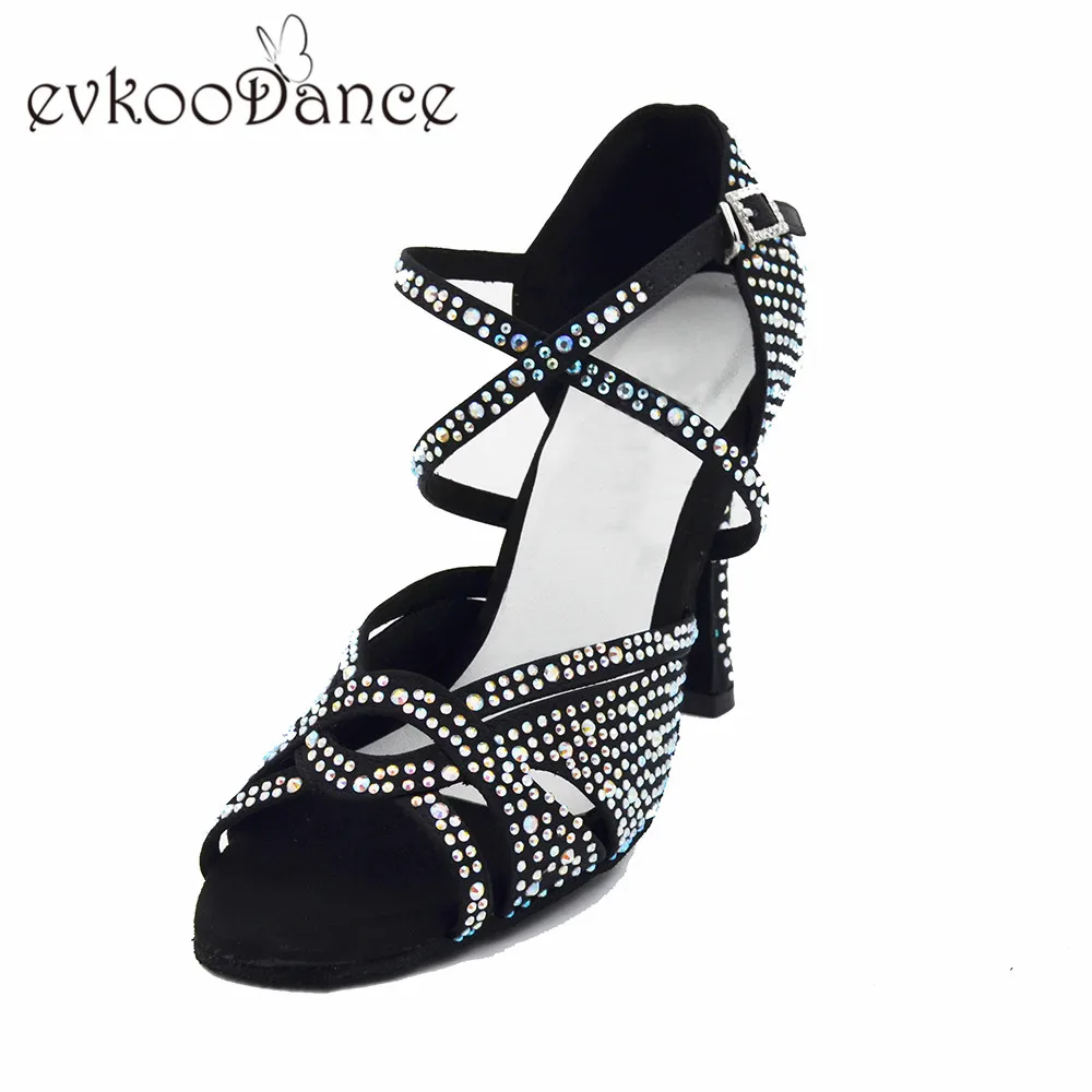 Evkoodance/Zapatos De Baile; размеры США 4-12; черные женские туфли из нубука со стразами на высоком каблуке 8 см; Evkoo-545