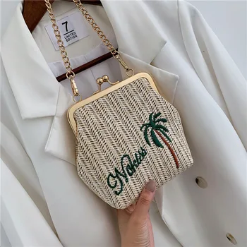 

Lady Summer Small Straw Kiss Lock Handbag with Chain 2020 Female Teenager Korean Woven Rattan Cell Phone White Messenger Bag