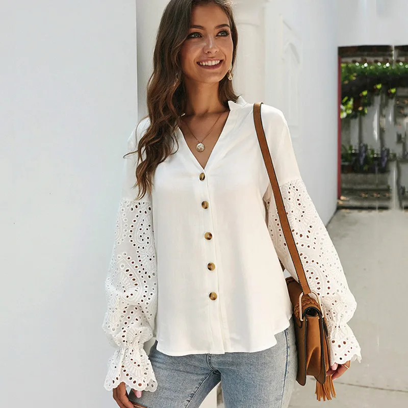 

Women Shirts Autumn Spring Tops Elegant Long Sleeve V-neck Casual White Blouses Fashion Hollow Out Ladies Loose Clothing