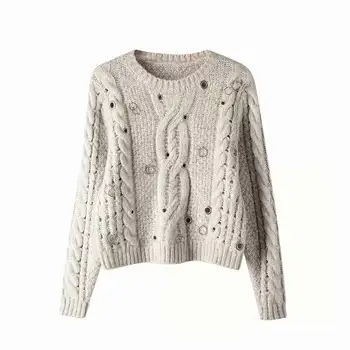 

2020 Spring WOMEN'S Dress Autumn And Winter New Style Crew Neck Ball Linen Flower Decoration Pullover Sweater