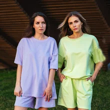 Summer Tracksuits Womens Two Peices Set Leisure Outfits Cotton Oversized T-shirts High Waist Shorts Candy Color Clothing