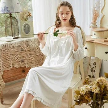 

Hot Sale Women's Palace Retro Style Sweet Lace Up Long-sleeved Soft Full Cotton Long Nightdress Female Section Female Homewear