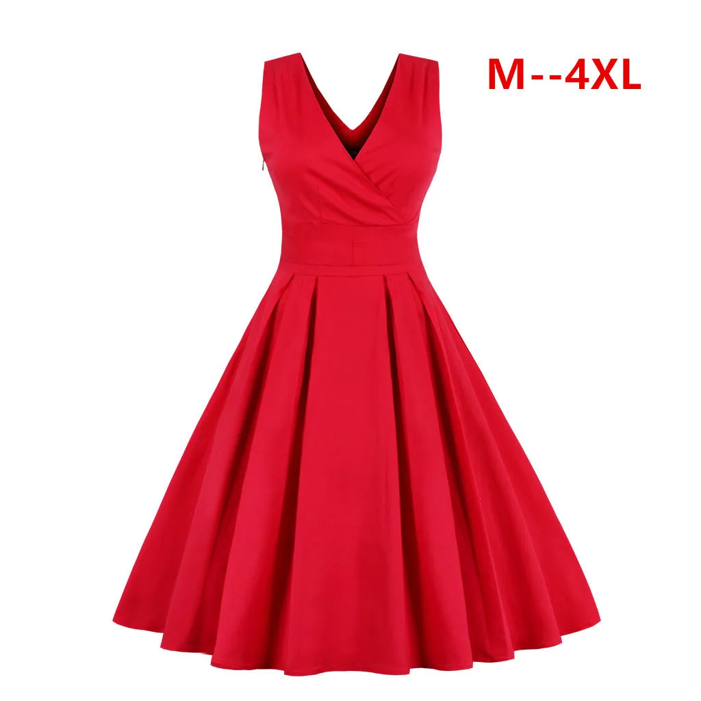 

9355 #2019 Europe And America WOMEN'S Dress Deep V Sexy Evening Dress Solid Color Retro Dress M-4xl
