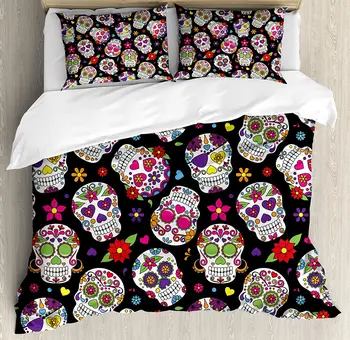 

Sugar Skull Decor Duvet Cover Set Festive Graveyard Mexico Ritual Figures Mask Design on Black Backdrop Bedding Set