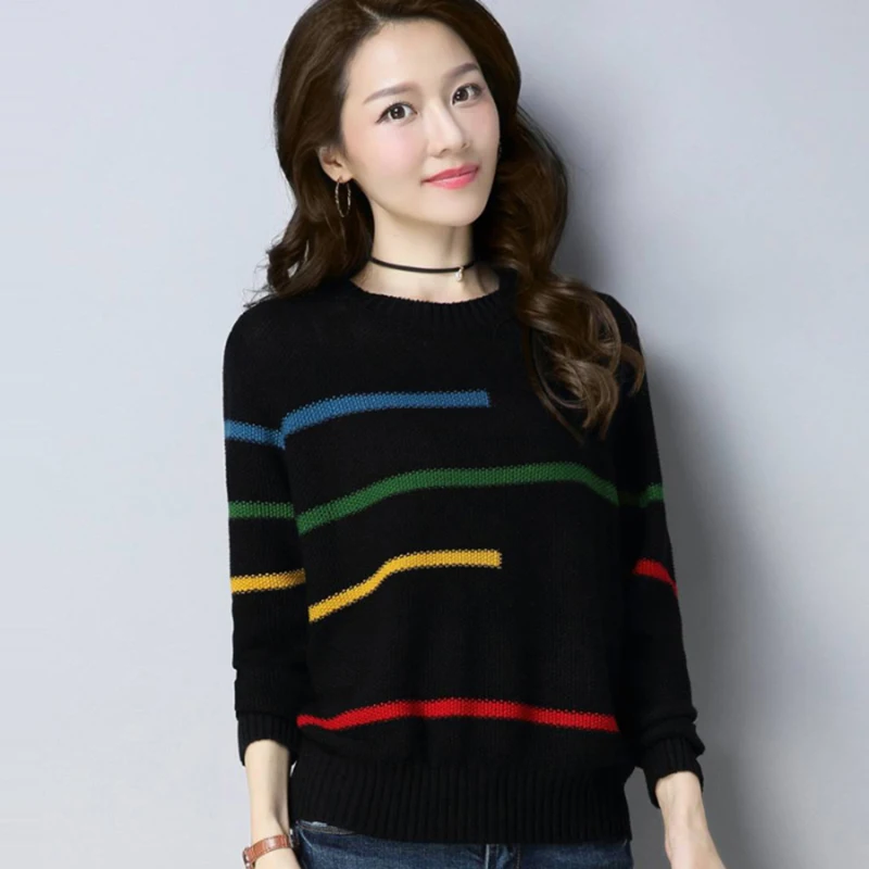 

Women's Sweater Loose Autumn Winter 2019 Sweater Fashion Long Sleeve Base Coat Pullover Color Matching Leisure Knitted