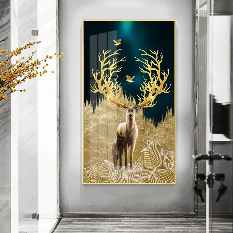 Modern Golden Abstract Deer Tree Bird Wall Art Canvas Painting For Home Decor