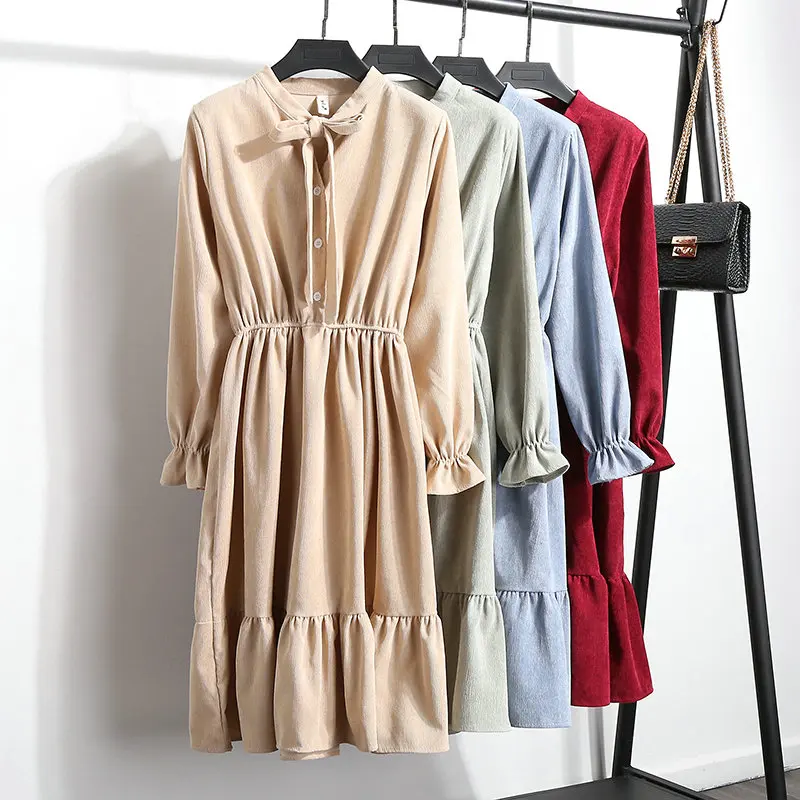 

Sexy Autumn Women Dress Elegant Bow A-line Blue Bohemian Loose Midi Dresses Casual Long Sleeve Party Dress 2019 Female Vestidos