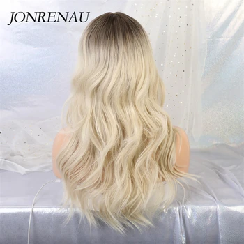 JONRENAU 24 inches 9 Colors Long Brown Root Ombre Blonde Wig Synthetic Natural Wave Wigs with Bangs for Black/White Women 5