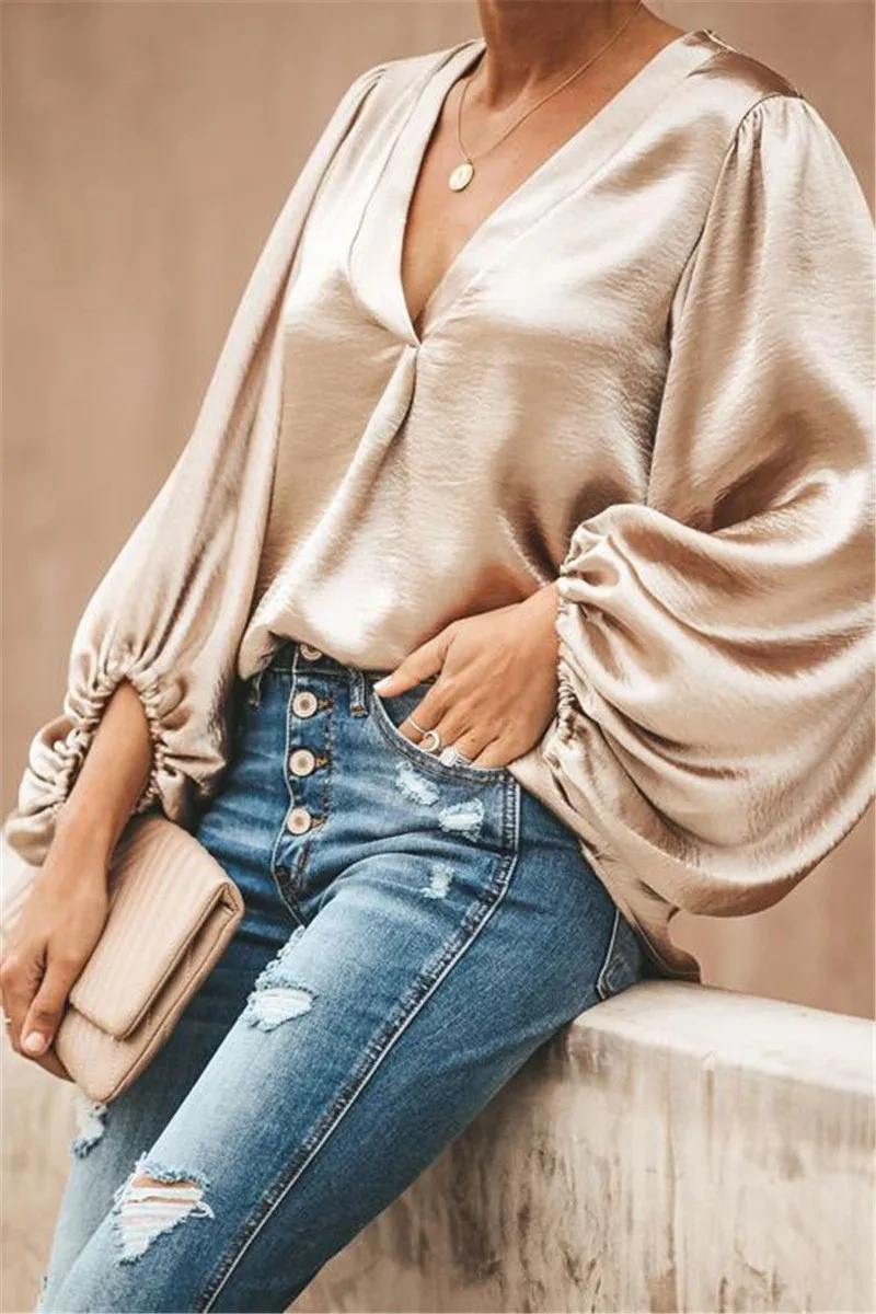 Women Blouses Office Lady Shirts Sexy Overlap Low Cut Bandage Knot Turn-Down Collar Elegant Smooth Silk And Satin