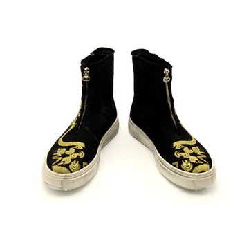 

Mens Harajuku Golden Winter Dragon Embroidery Zipper Hip Hop Thick Platform Top Quality Cow Suede Ankle Boots Shoes