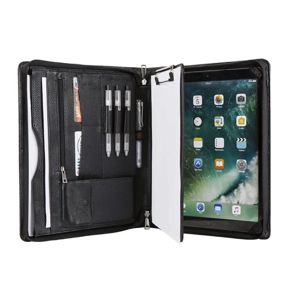 

Handmade Genuine Leather Padfolio Portfolio Case, Personalized Business A4 Size Conference Folder with Clipboard - Black