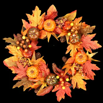 

Artificial Rattan Wreath 22 Inches Fall Garland with Maple Leaf Berries Pumpkin Harvest Thanksgiving Front Door Decoraton