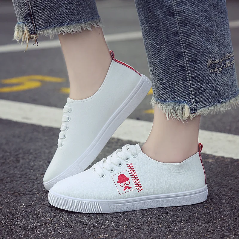 

New Style Korean-style Students round Flat White Shoes Graffiti Lace-up Casual Board Shoes Breathable Harajuku Low-Cut Athletic