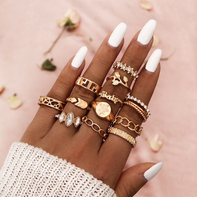 Crystal Geometry Knuckle Finger Ring Set For Women Eye Flower Leaves Charm Chain Rings Female Bohemia Jewelry