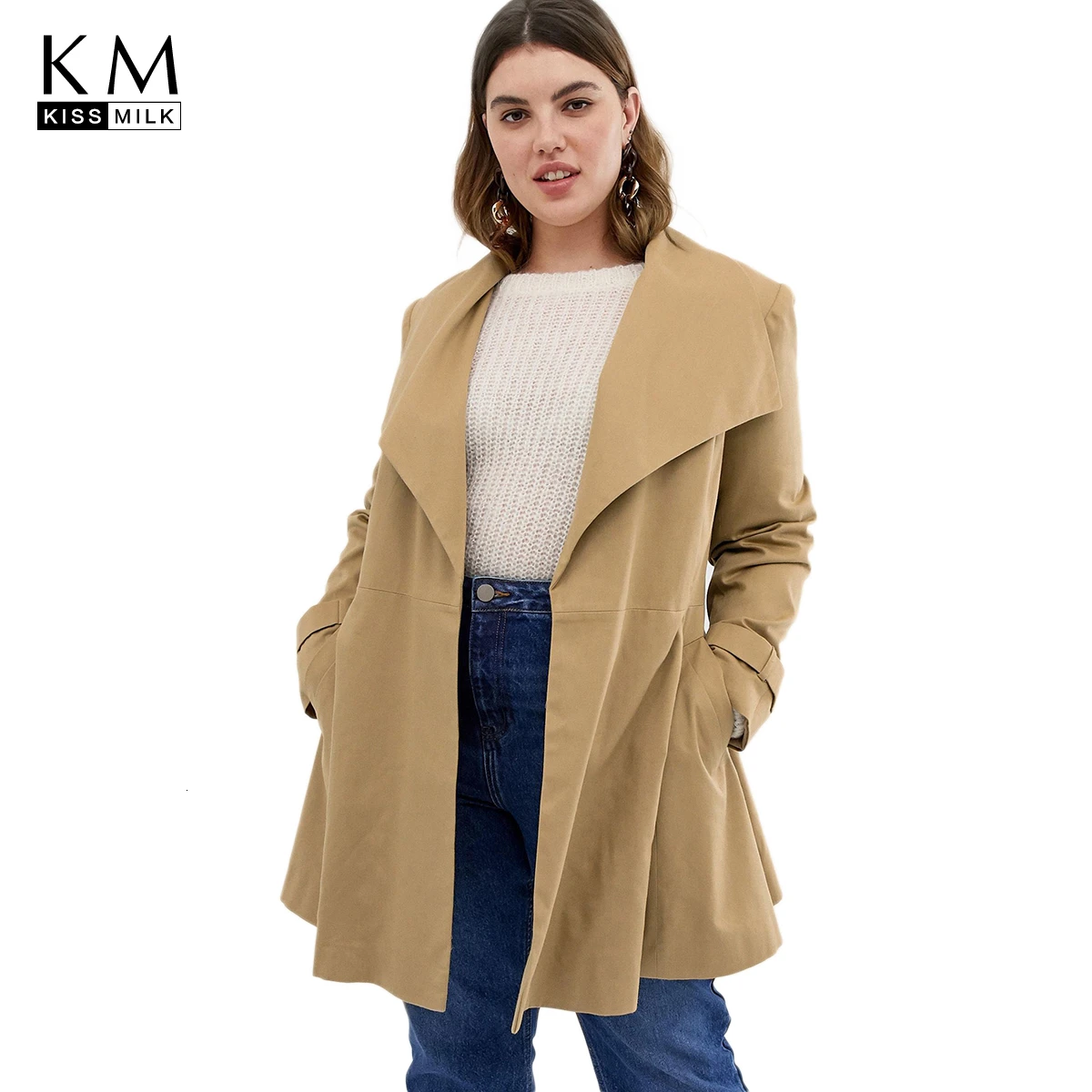 

Kissmilk Plus Size Woman Clothes Simple Casual Lapel Tie A-line Hem Long Windbreaker Jacket