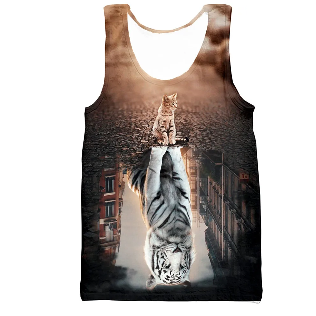 Camiseta de El león y el gato para hombres y mujeres, ropa de calle de estilo Harajuku, informal, A la moda, nueva chaleco estampado en 3D de verano