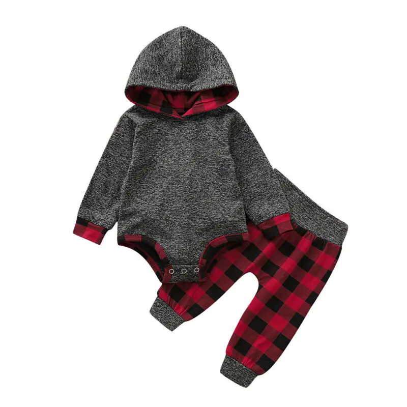 

2019 New Infant Kids Baby Boys Girls Long Sleeve Hooded Romper Plaid Pants Outfits Set