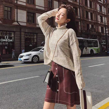 

2019 Autumn And Winter New Style Korean-style Versatile Slimming Loose-Fit Mock-Neck Gold Velvet Long Sleeve Base Sweater Sweate