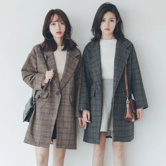 

Photo Shoot Fall And Winter Clothes New Style Korean-style College Style Retro Plaid Woolen Coat Women's Loose-Fit Mid-length Th