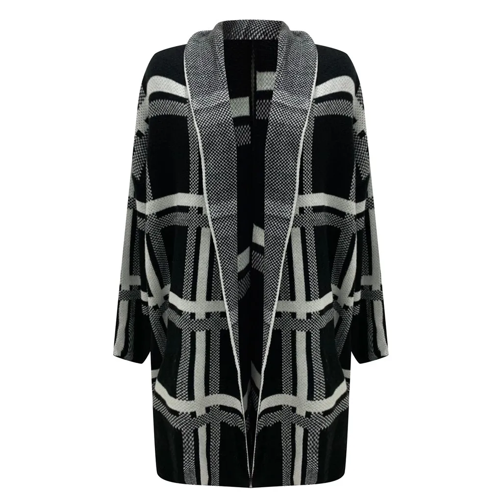 Модный вязаный зимний женский свитер Свободная клетчатая верхняя одежда кардиган пальто повседневный женский джемпер трикотажная куртка пальто - Цвет: Черный