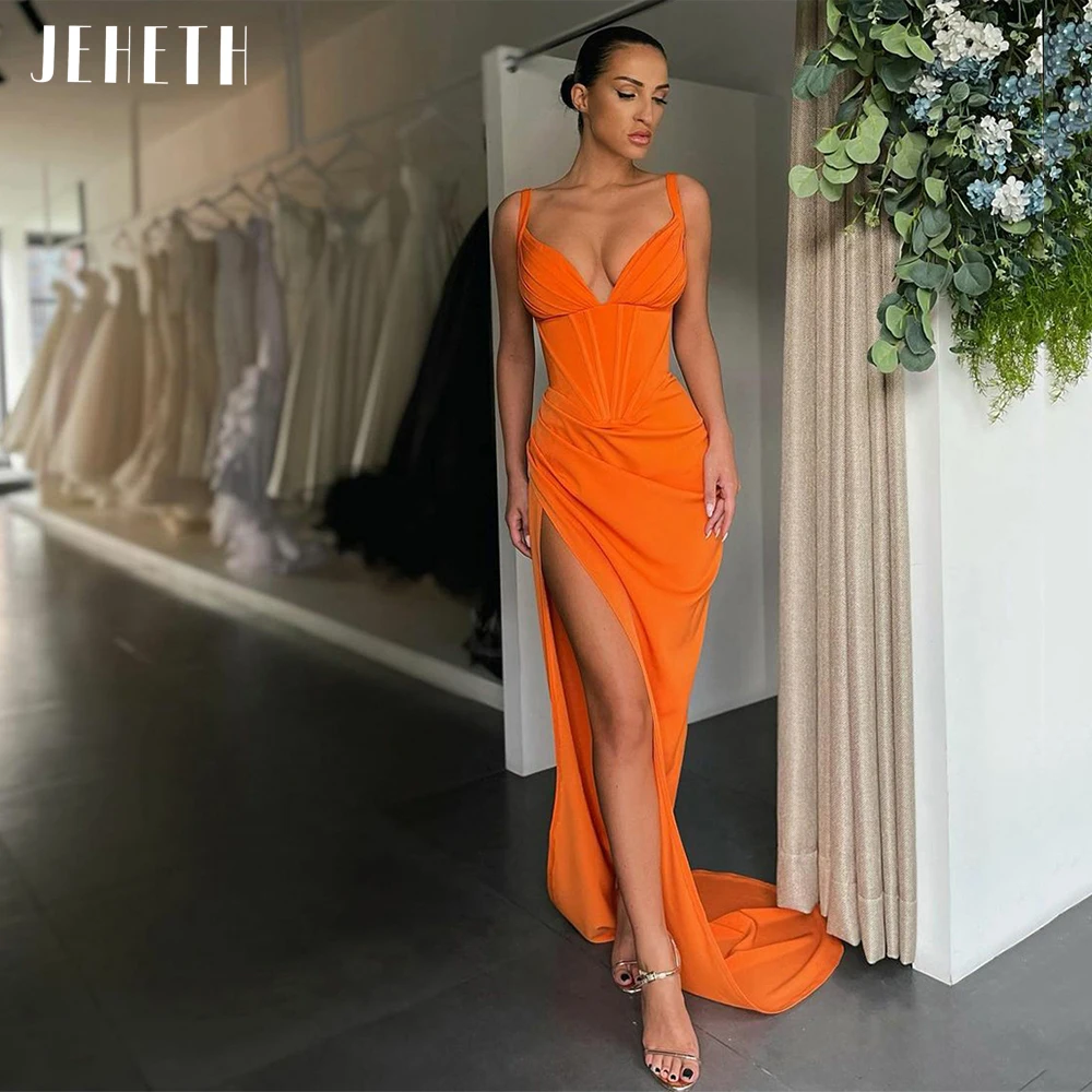 JEHETH Sexy Deep V-Neck Satin Evening Dresses Spaghetti Straps Side Split Backless Pleats Cocktail Party Gowns robes de soirée