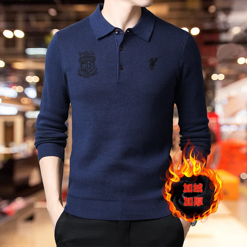 

2019 Winter New Style Men's Long-sleeved T-shirt Fold-down Collar Brushed And Thick Middle-aged Casual T-shirt Men's Top