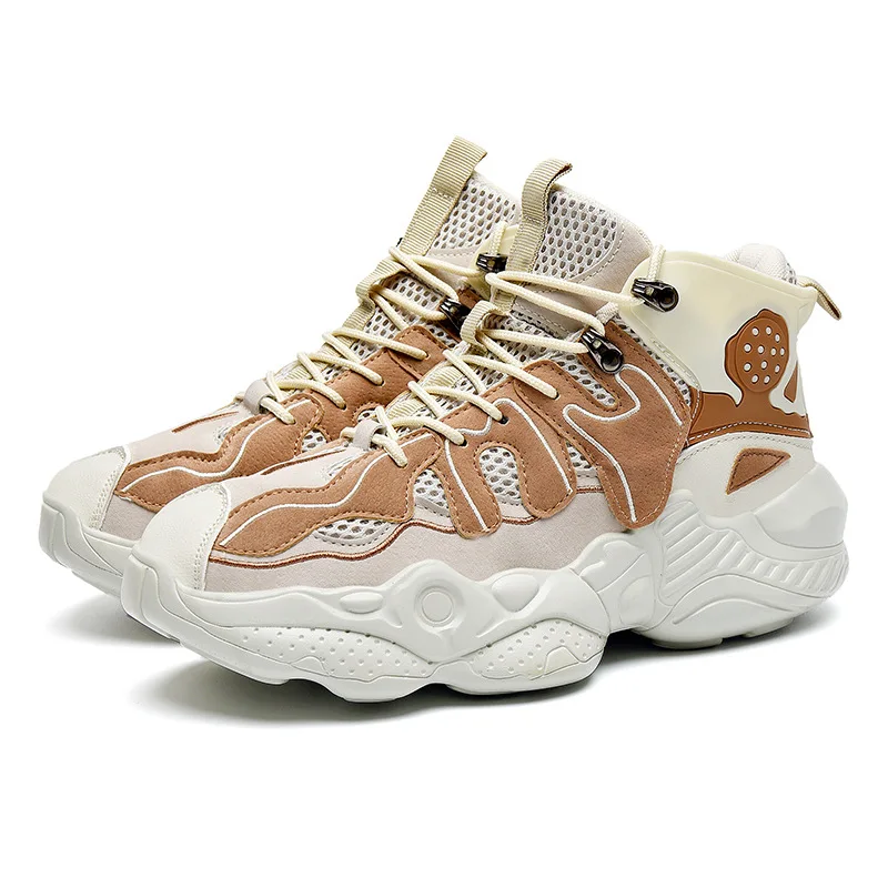 Beige Дизайн осень зима модные красочные высокие мужские кроссовки на платформе удобная кожаная ткань массивная мужская обувь кроссовки Повседневная - Цвет: Beige