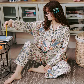 

Ladies' pajamas autumn Long sleeve Cotton Cardigan Sleep Large size 4XL pyjamas Women