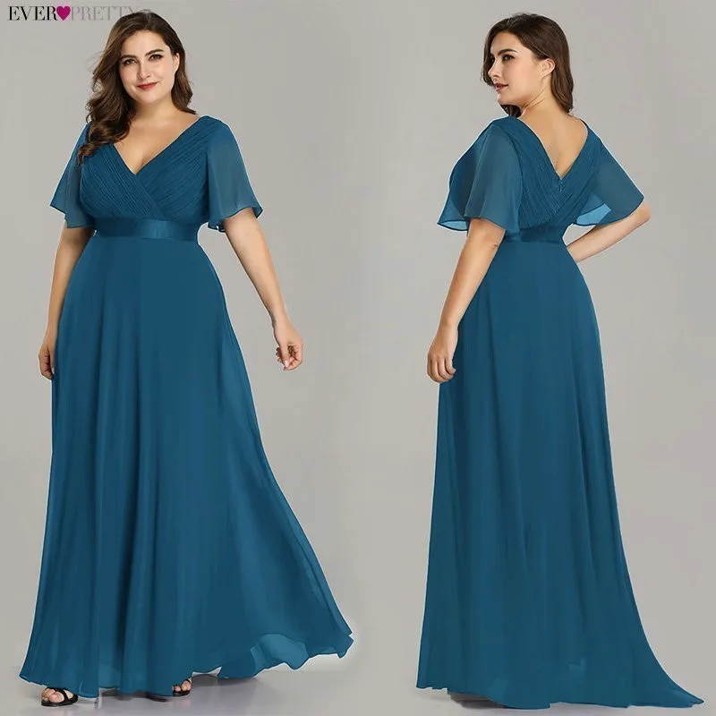 Плюс размер вечерние платья Ever Pretty v-образный вырез Nay Синий элегантный А-силуэт шифон Длинные вечерние платья 2018 с коротким рукавом
