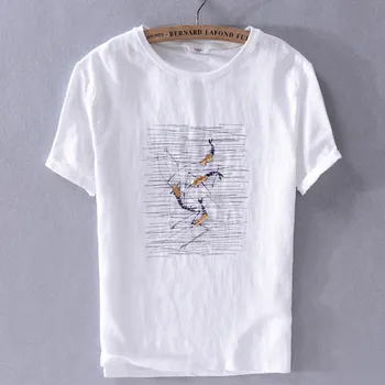

Linen Casual Short Sleeve T-Shirt loose cotton linen splicing white T-shirt round neck Sequin decoration trend summer Top Men