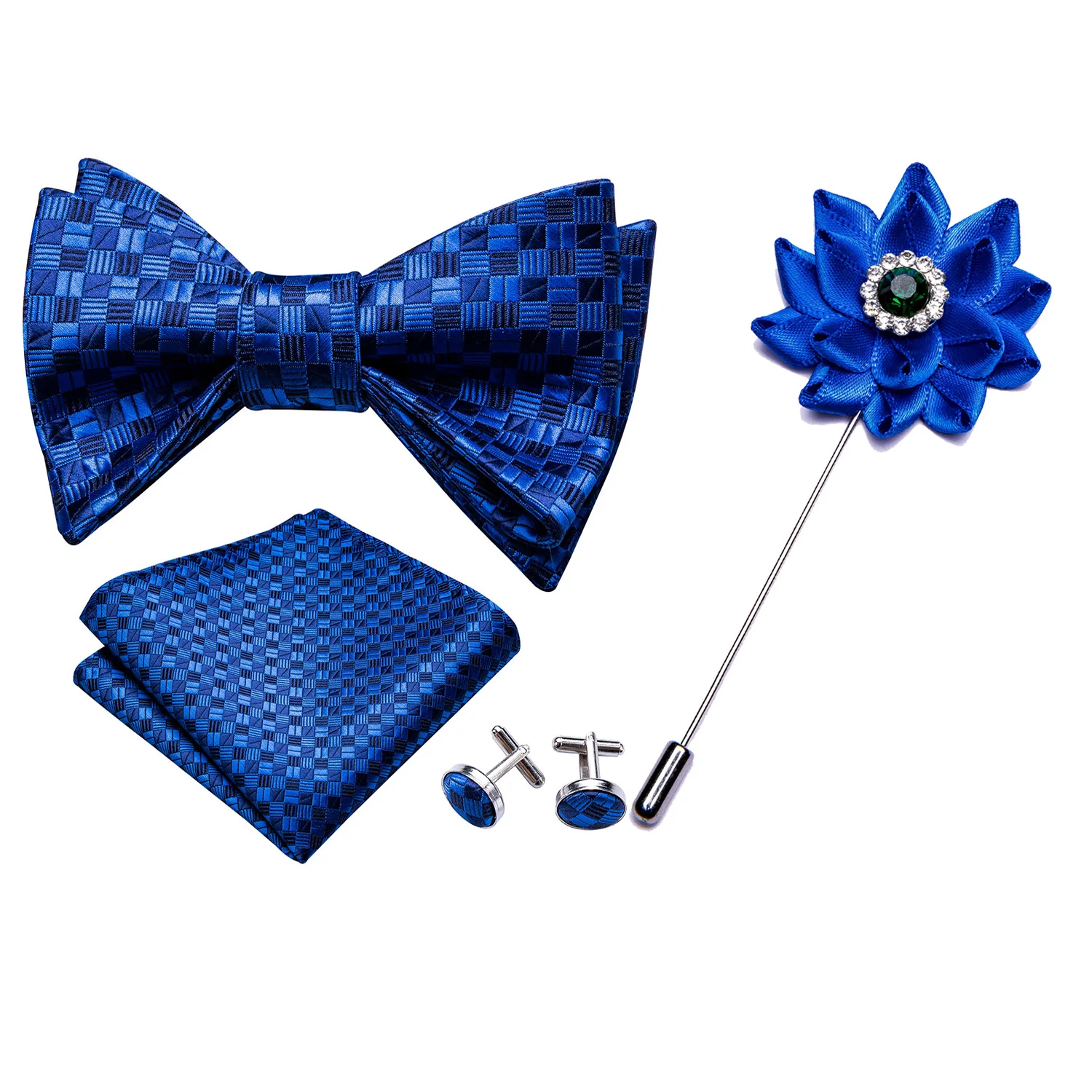 

Men Navy Blue Bowtie Self-tied Bows Plaid Silk Tie Set Pocket Square Cufflinks Boutonniere Checked Tie for Wedding Barry.Wang