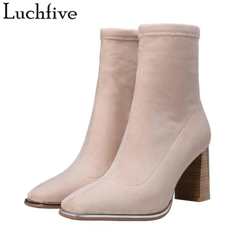 

Runaway Chunky High Heels Women Boots Classic Square Toe Short Boots Slip On Fashion Apricot Shoes Woman Botas Mujer
