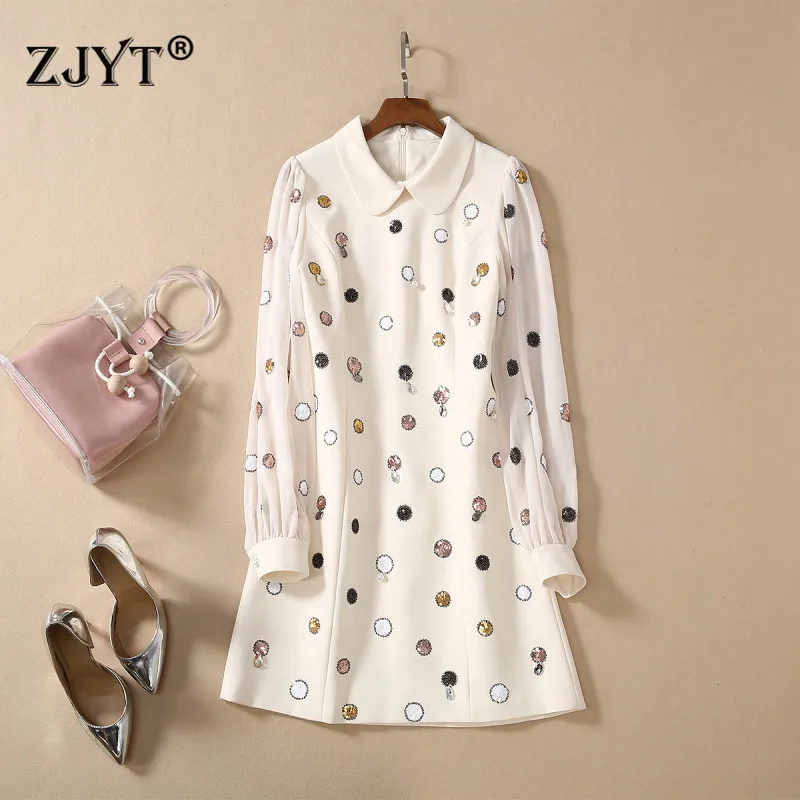 

2020 New Europe Fashion Spring Runway Dress High Quality Women Elegant Long Sleeve Sequined Diamonds Casual Mini Party Dress