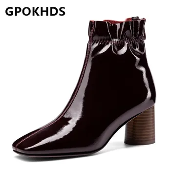 

GPOKHDS 2021 women Ankle boots Cow leather Winter short plush Square Toe Zipper Metal Decoration High heels female boots size 40