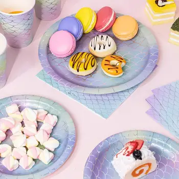 

24 Set Party Paper Plates Disposable Paper Dinnerware Mermaid Party Supplies Cake Tray Tableware