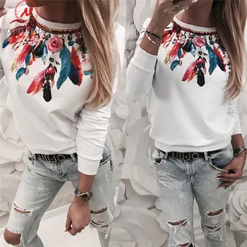 

Women Long Sleeve Hoodies for Streetwear Patchwork Design O-Neck Print Autumn Winter War Comfortable Casual Pullovers Top