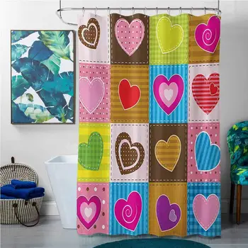 

Shower Curtains Deer Country,Patchwork Themed Cute Heart Shaped Figures with Varying Backgrounds Love Valentine,Multicolor,W48 x