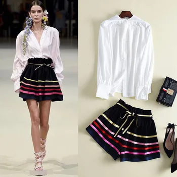 

European Grand Prix 18 Autumn zou xiu kuan Women's Clothing Sun Li Same White Long-Sleeved Shirt + Striped Shorts