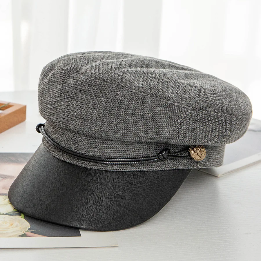 Fashion black hat ladies casual streetwear rope flat top hat elegant solid autumn and winter warm beret ladies - Цвет: gray