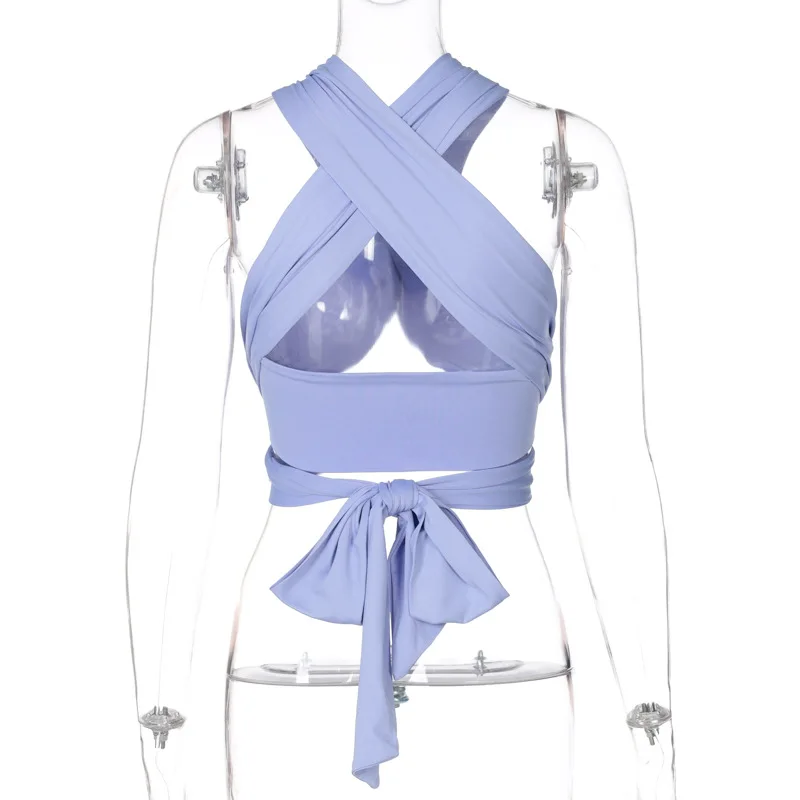 WDIRARA Women's Cut Out Crop Top - Asymmetrical Neck, Criss Cross Backless Sleeveless Top