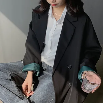 

2020 Summer New Arrive Women Casual Blazers Office Lady Full Regular Sleeve Solid Single Button Notched Loose Vintage Korean Top