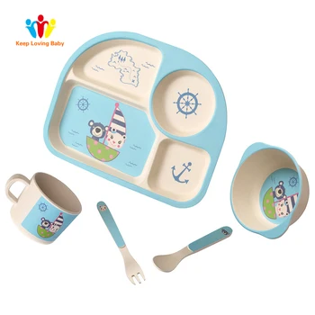 

5Pcs Baby Feeding Tableware Set Bamboo Fiber Feed Dinnerware Kids Separation Plate Children Dish Bowl Fork Spoon Cup Set Dishes
