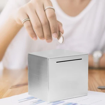 

Desktop Piggy Bank Deposit Box Home Decor Can Only Save Hard Saving Lover Coin Stainless Steel Safe Gift For Adults Paper Money