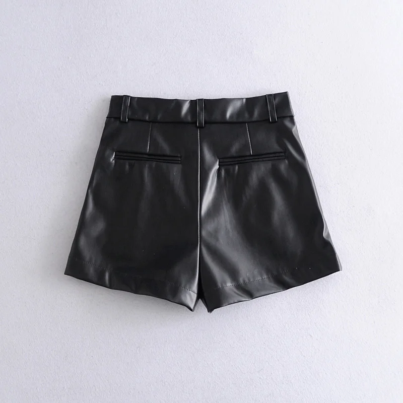 KONDALA 2022 Women's Shorts Vintage PU Leather Shorts High Waist Undefined Drapped Trousers  Female Office Wear Shorts workout clothes for women