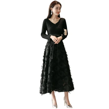 

Fashion slim slim solid color big swing spring long-sleeved dress with belt, elegant temperament, comfortable soft dress M - 2XL