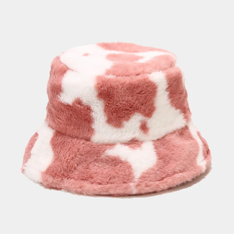 New Winter Cow Print Plush Bucket Hats for Women Tourism Outdoor Warm Hat Soft Velvet Fisherman Cap Lady Fashion Panama Present fluffy bucket hat