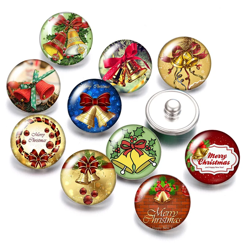 

DB0585 Merry Christmas Bells 18mm snap buttons 10pcs mixed round photo glass cabochon style for snap button jewelry Gift