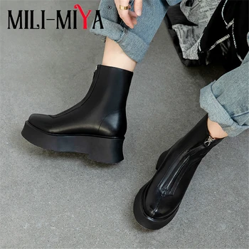 

MILI-MIYA Brand Design Women Cow Leather Ankle Boots Flat With Zipper Platform Round Toe Fashion Street Shoes For Ladies