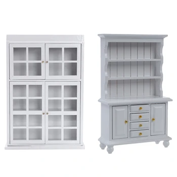 

2 Pcs 1/12 Dollhouse Miniature Furniture White :1 Pcs Kitchen Dining Cabinet Display Shelf & 1 Pcs Multifunction Wood Cabinet Bo