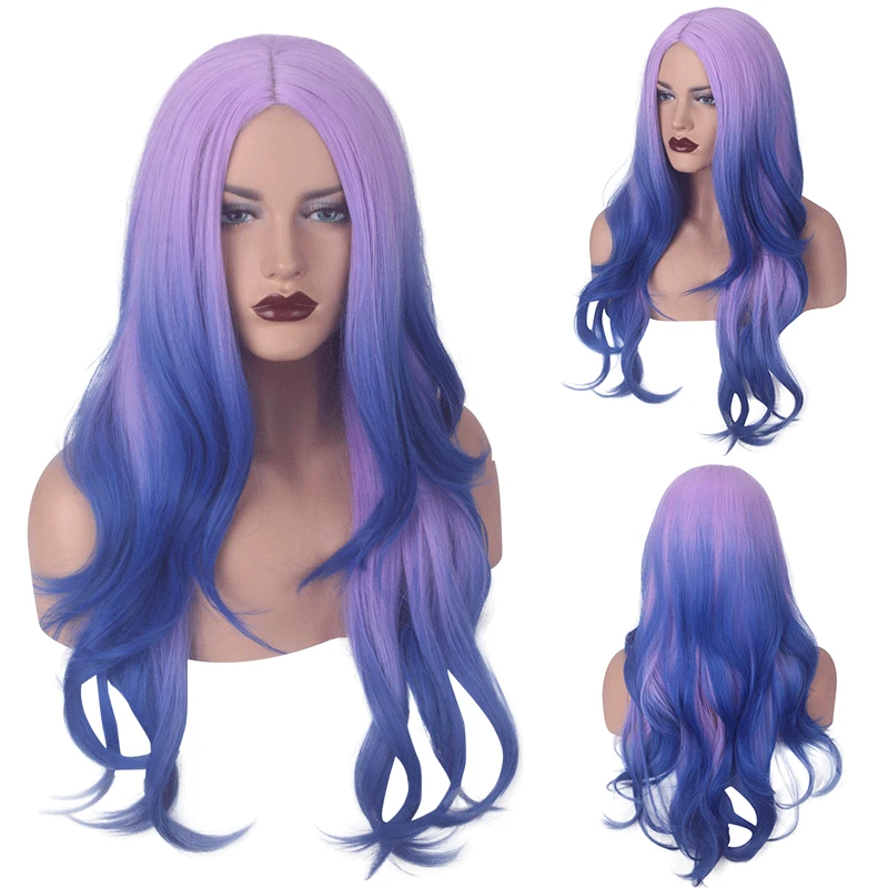 

65cm New Purple Blue Ombre Wig Long Wavy Synthetic Hair Halloween Costume Cosplay Wigs For Women High Temperature Fiber